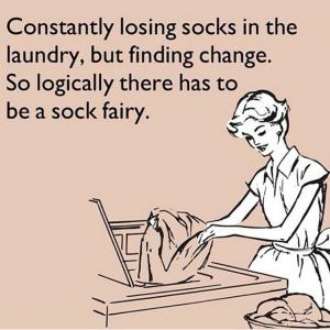 Drawing of woman pulling clothes out of a washing machine with the joke written above her head.